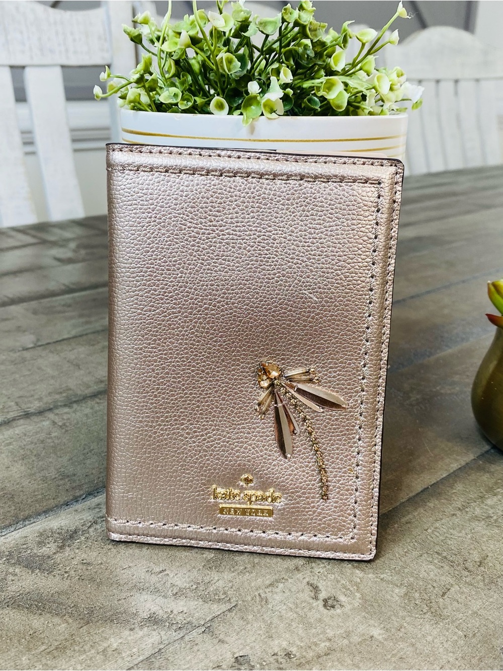 Kate Spade New York Imogene Dragonfly Passport Case Rose Gold Metallic